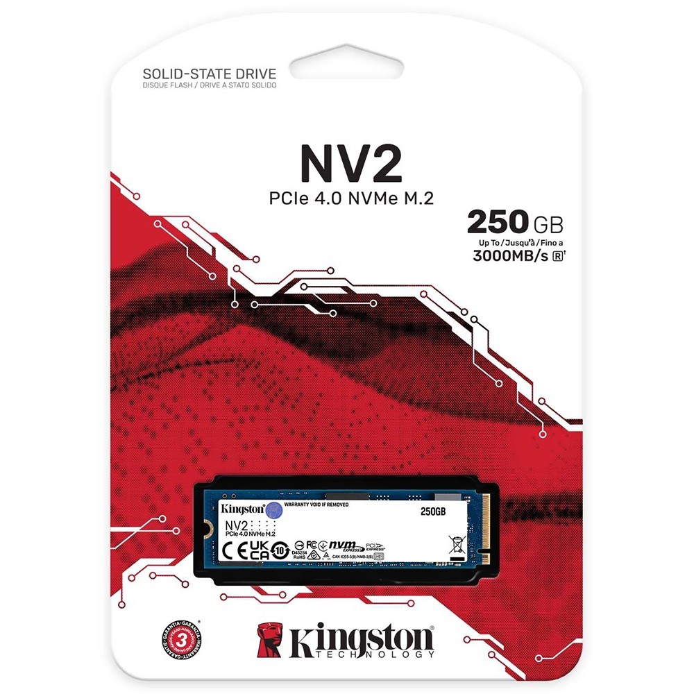 HD SSD 250GB M.2 Kingston NV2 NVMe, Leitura 3000MB/s, Gravação 1300MB/s - SNV2S/250G        